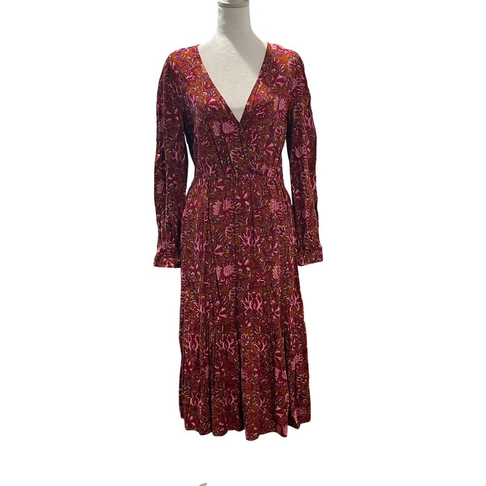 Garance Paris Floral V-Neck Midi Dress Long Sleeve‎ Red Viscose Tiered Large